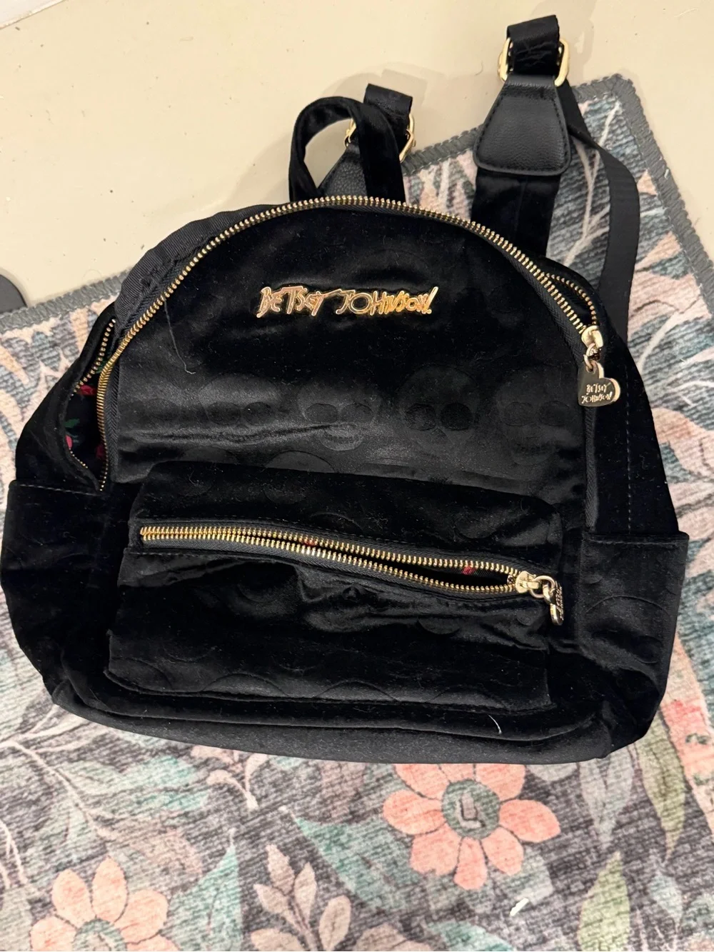 Betsey Johnson Black Velvet Mini Backpack with Gold Hardware